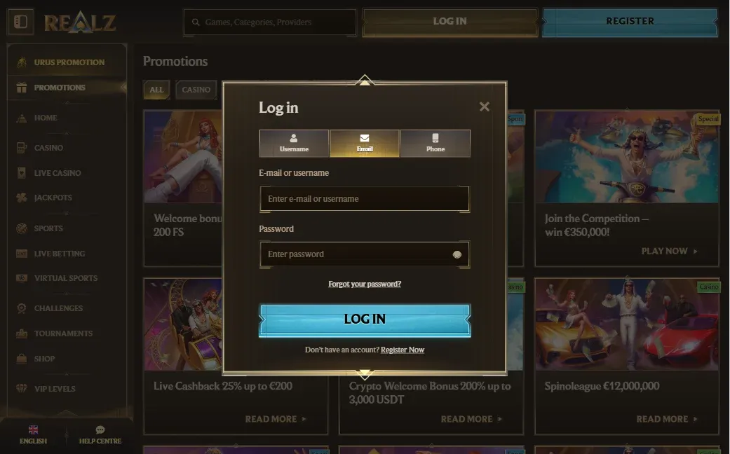 Realzcasino login